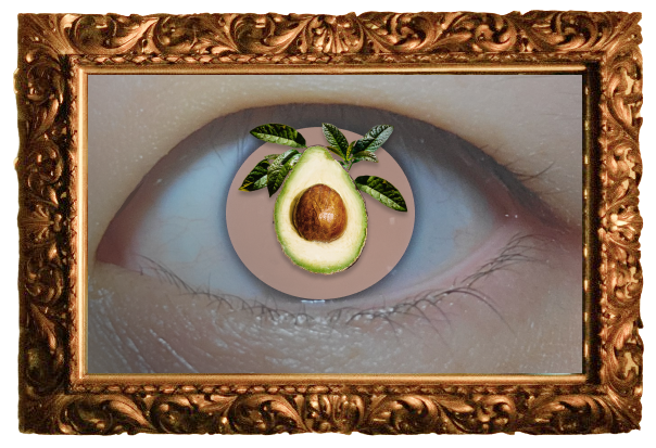 Image of stylized eye with avocado print iris paying homage to Magritte's False Mirror