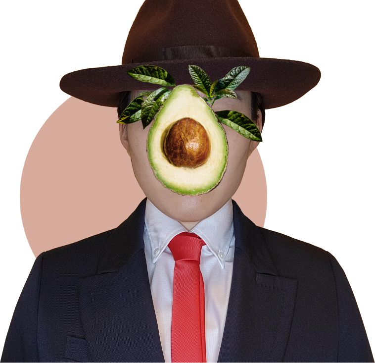 Image of GRACE LEE paying homage to Magritte's Son of Man but with an avocado over face instead of apple