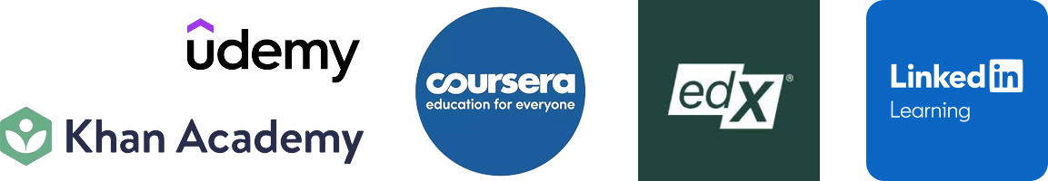 image of logos: Udemy, Khan Academy, Coursera, EdX, and LinkedIn Learning